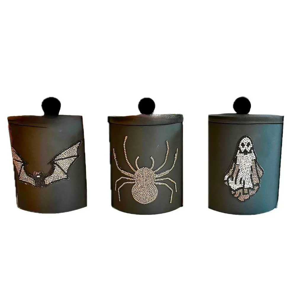 3 Apothecary Jars Black Glass, Crystal Embellished Storage Containers NIB